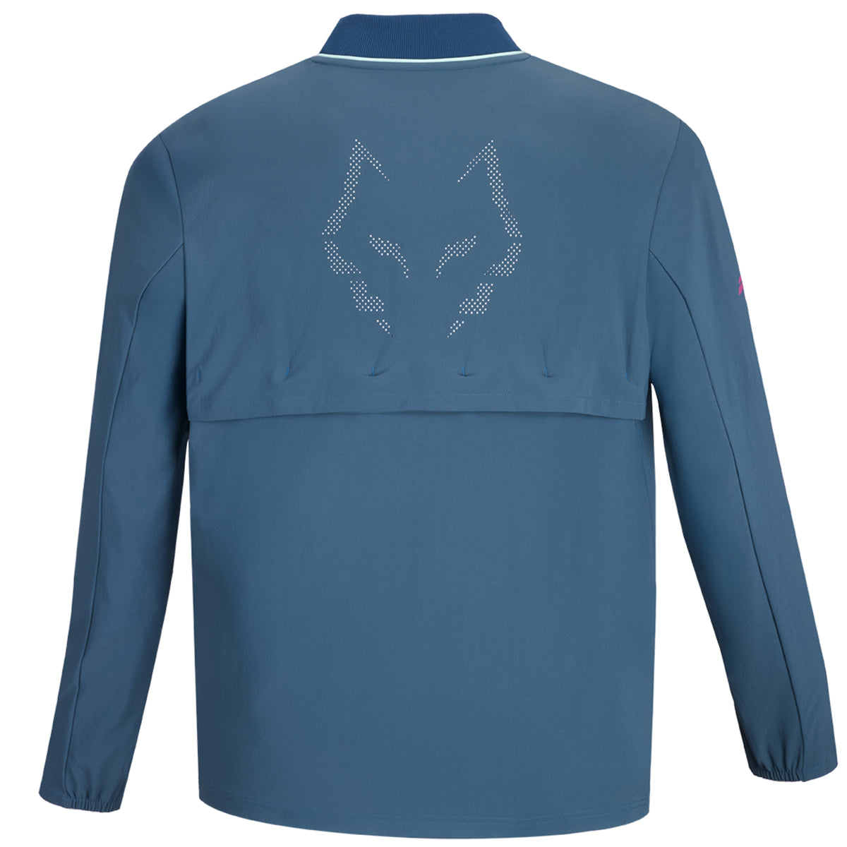 Babolat Lebron Tech Padel jacket, back view, Legion Blue with perforated wolf motif