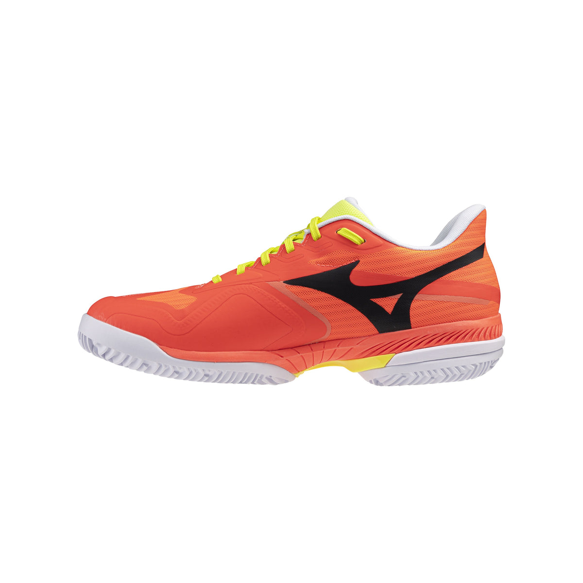 Mizuno Wave Exceed Court Padel shoes, medial side in orange, black and yellow