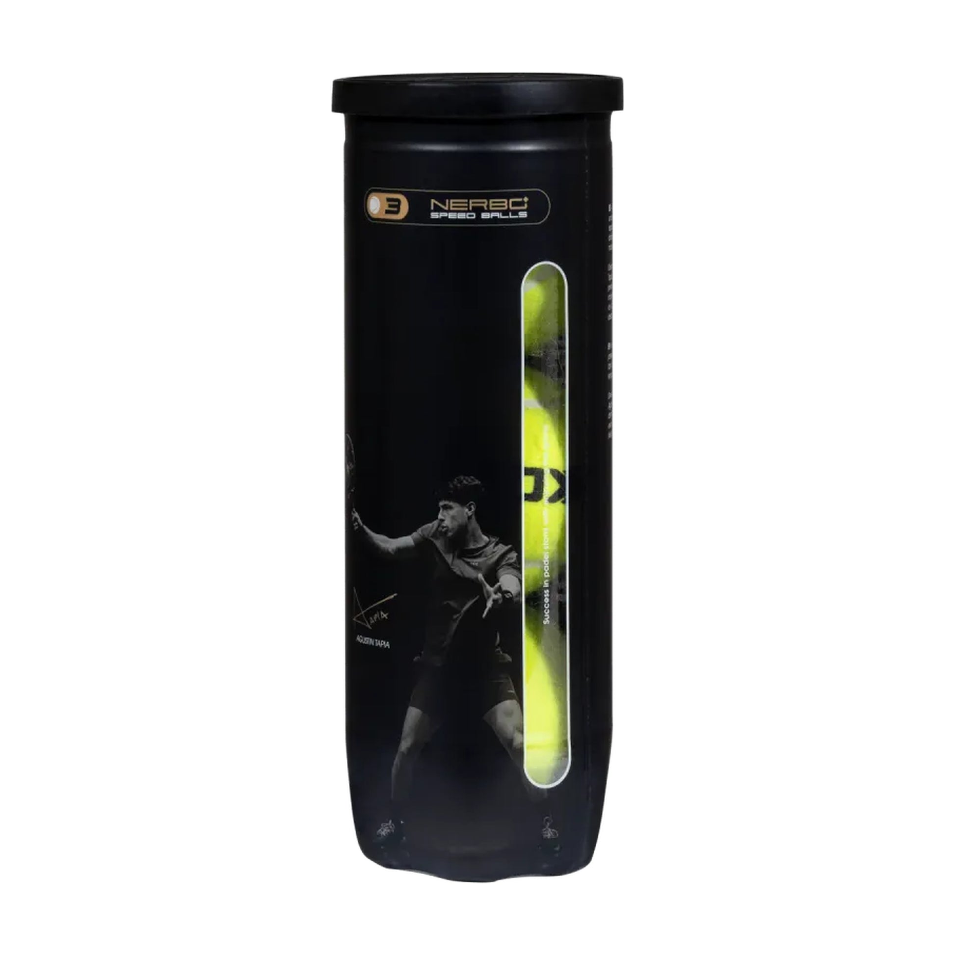 NOX Nerbo+ Speed Padel Balls - Tube Side and Ball Window