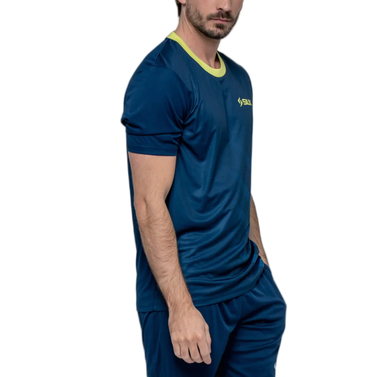 Siux Wave 26 Padel T-shirt, right side on model, navy with short sleeves