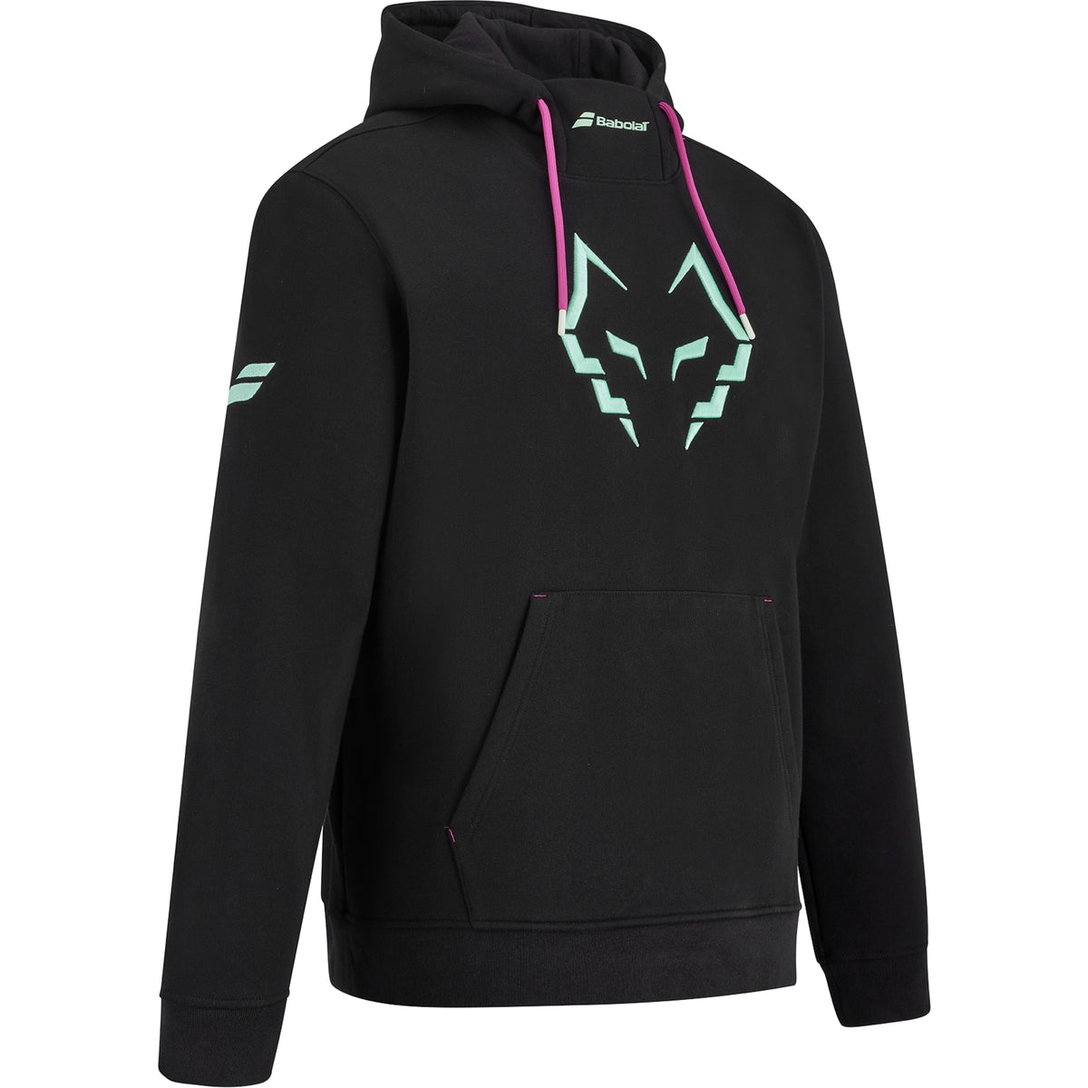 Babolat Lebron Padel hoodie, black three-quarter right view showing cuff and kangaroo pocket