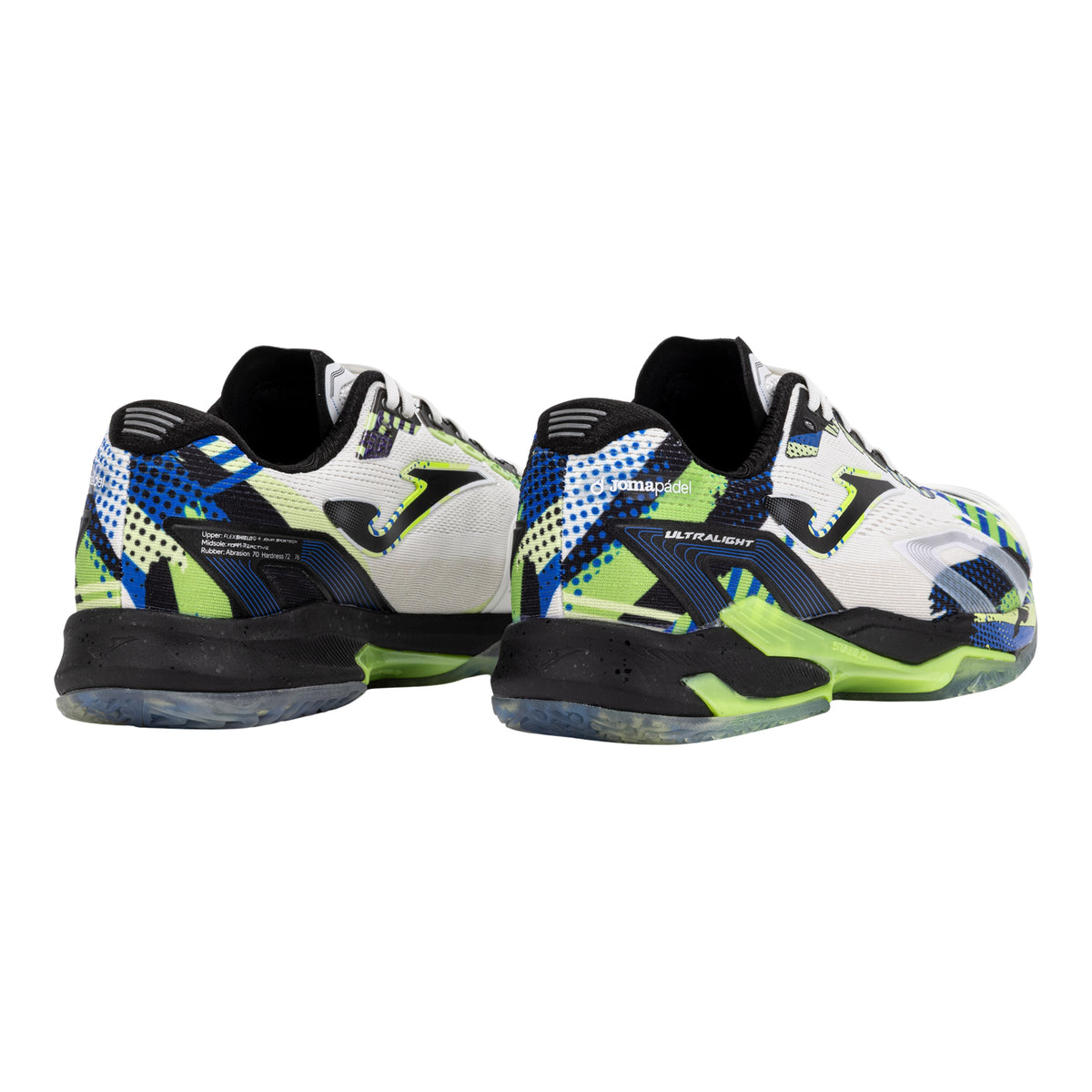 Joma Ultra Light 2682 Juanlu Esbrí Padel shoes, rear three-quarter pair, patterned heels