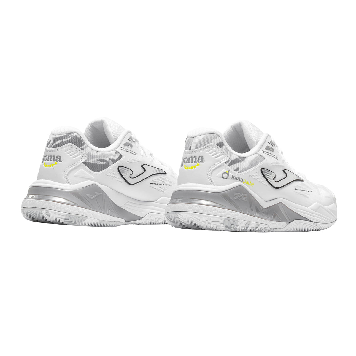 Joma Spin Lady 2602 Padel shoes, rear three-quarter pair with silver-grey heel panels.