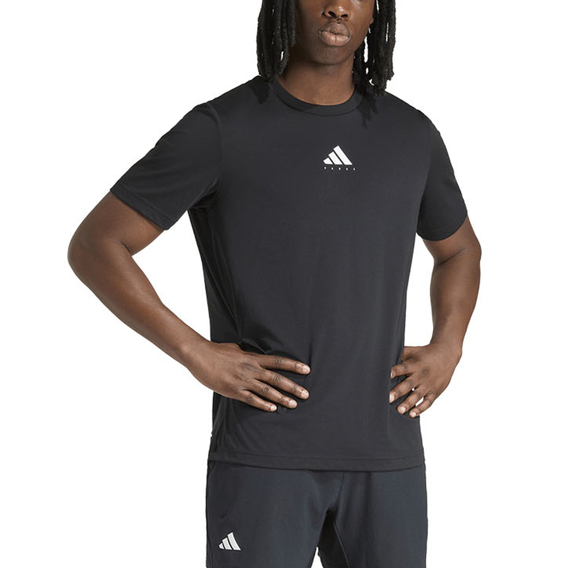 Adidas Padel Category Graphic T-Shirt black, worn front alternate pose showing regular fit