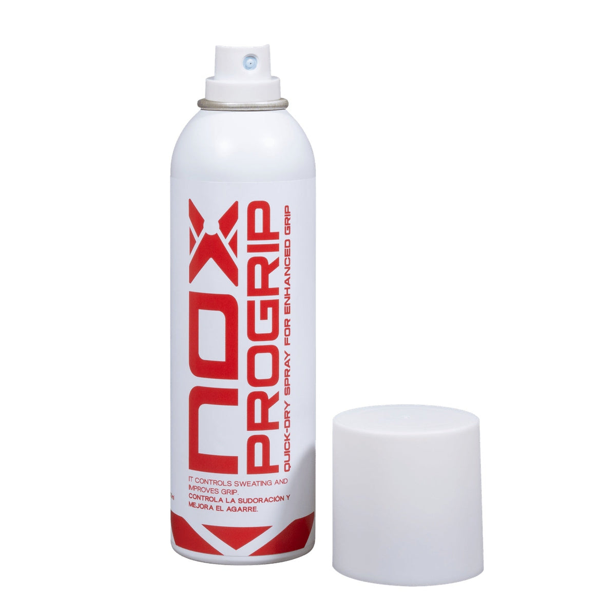 NOX PROGRIP Padel grip spray, uncapped can with spray nozzle and separate cap