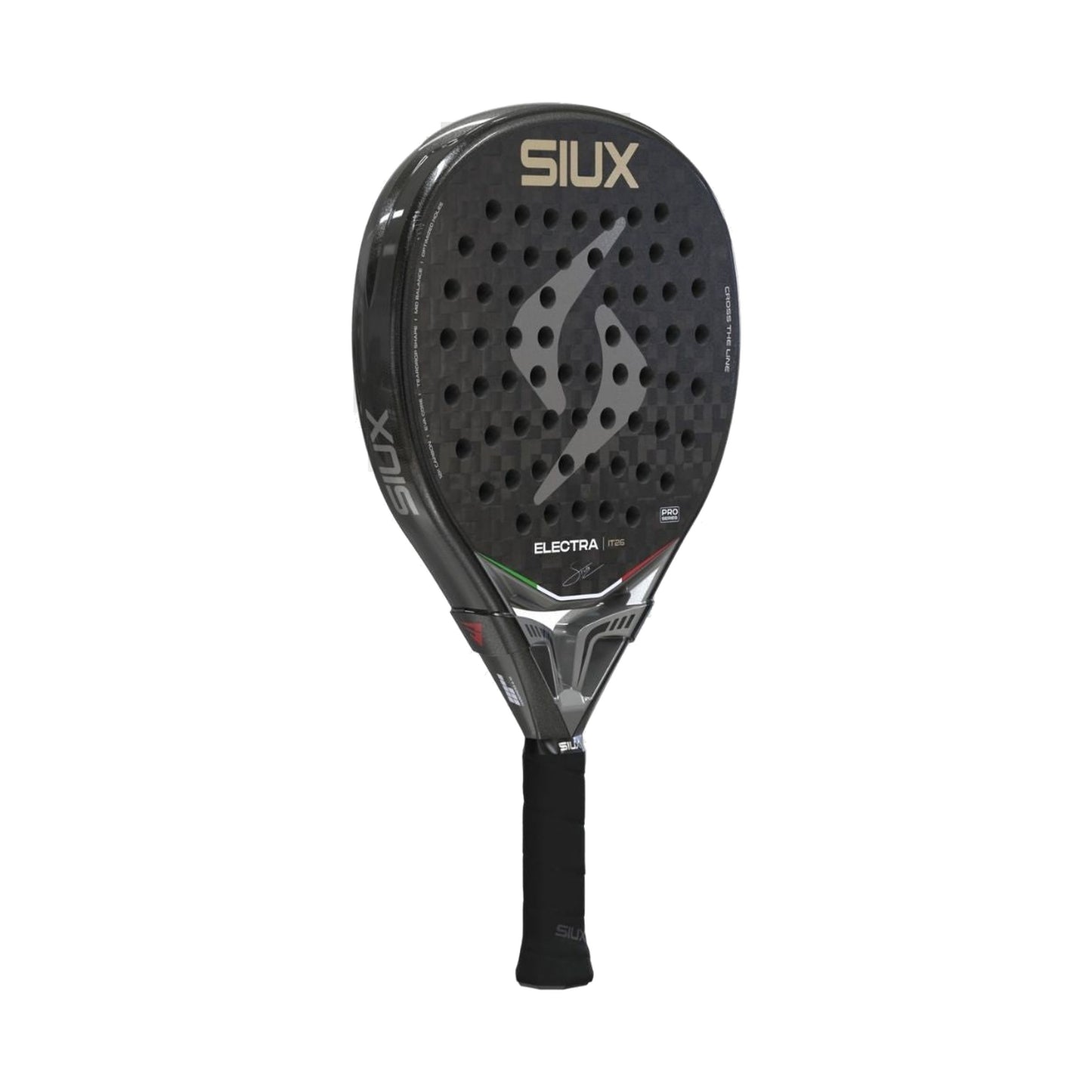 Siux Electra Pro IT26 2026 Padel Racket in black, left front three-quarter view