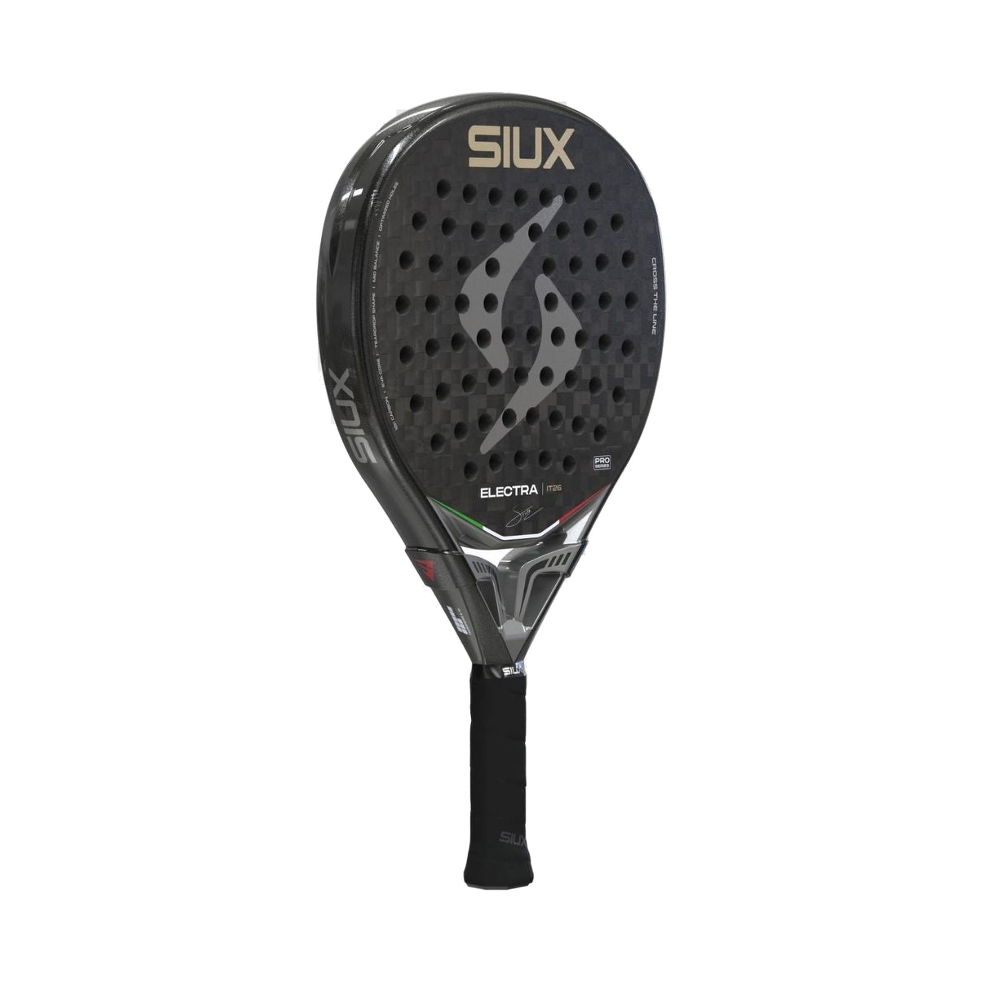 Siux Electra Pro IT26 2026 Padel Racket in black, left front three-quarter view