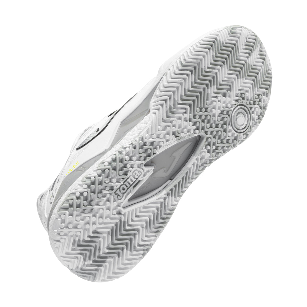 Joma Spin Lady 2602 Padel shoes, single shoe tilted to show complete outsole.