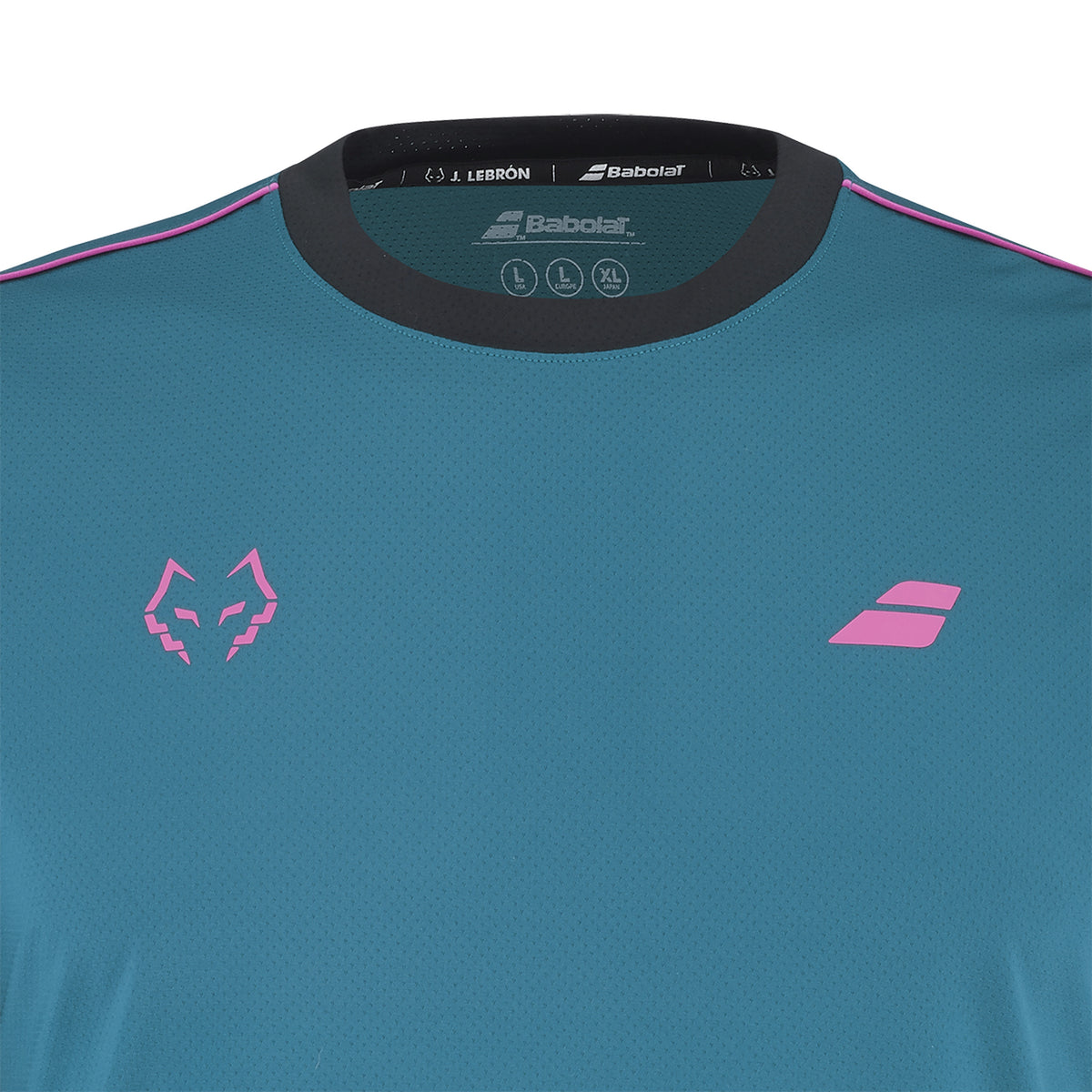 Babolat Crew Neck Tee Lebron, dark crew-neck trim and pink shoulder piping detail