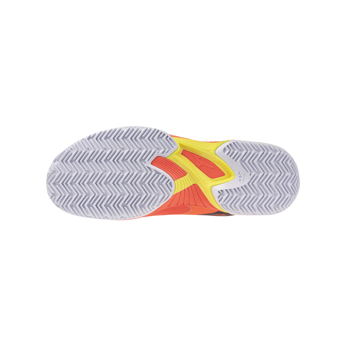 Mizuno Wave Exceed Court Padel shoes, white outsole tread and orange/yellow midfoot structure