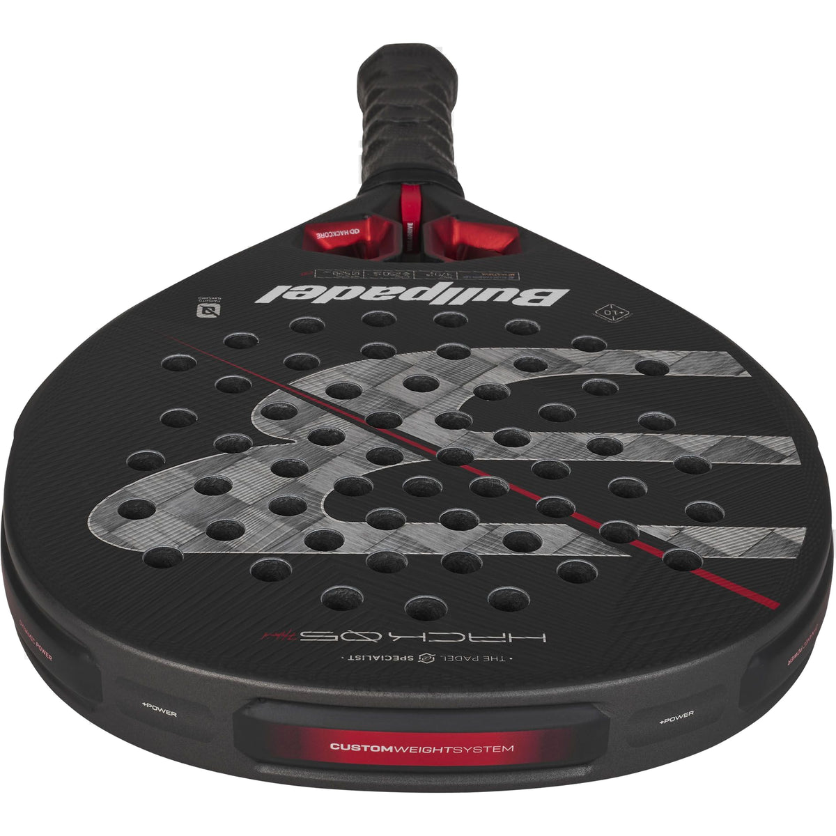 Bullpadel Hack 05 Hybrid 2027 Padel racket, black face top-down detail