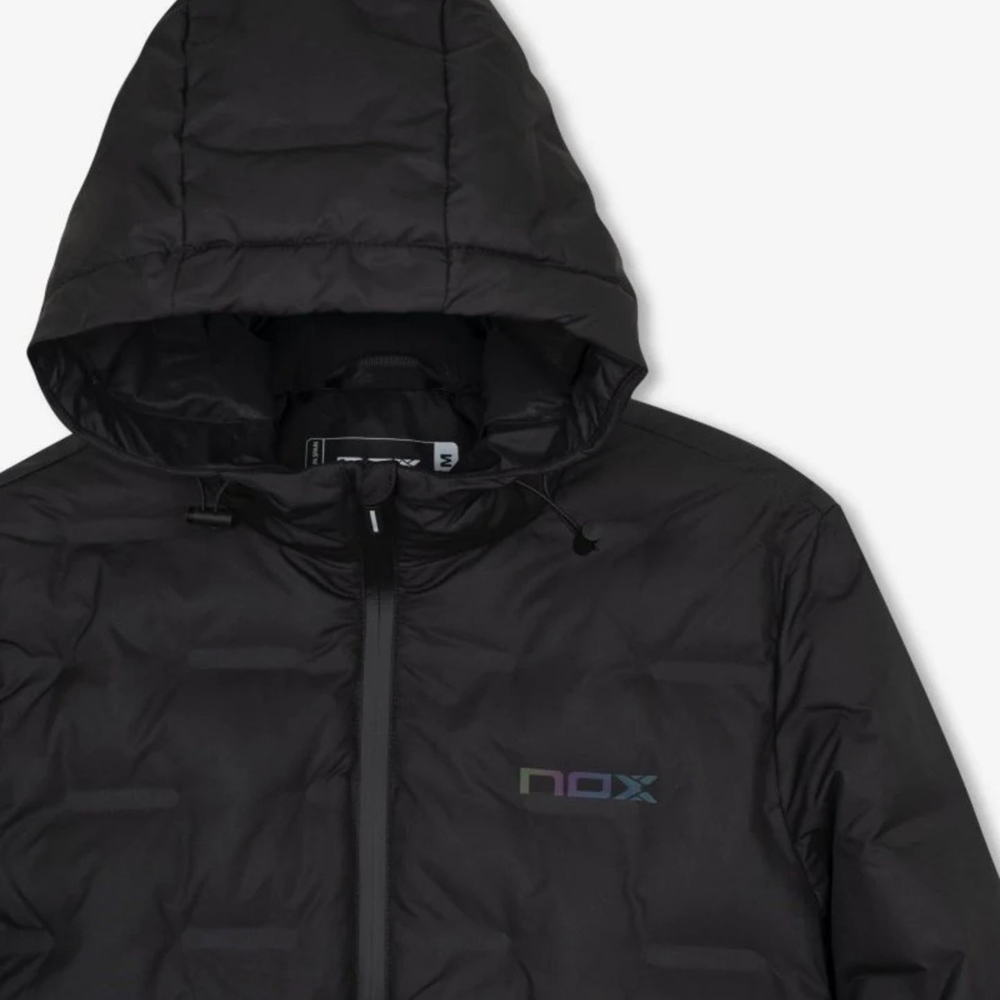 NOX Team Quilted Padel Jacket detail, hood, collar and NOX chest logo