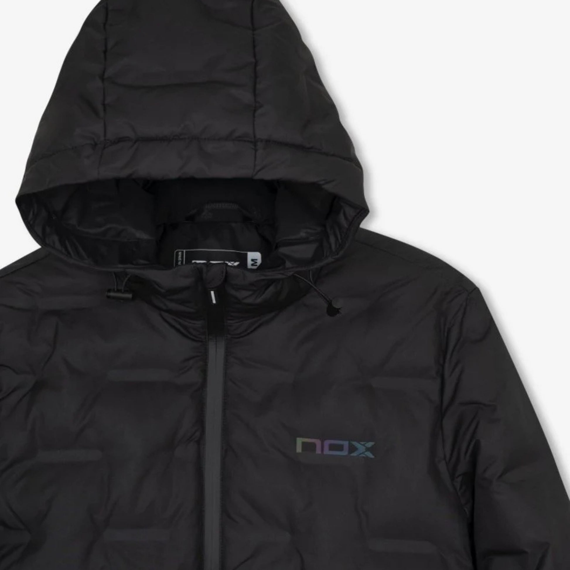 NOX Team Quilted Padel Jacket detail, hood, collar and NOX chest logo
