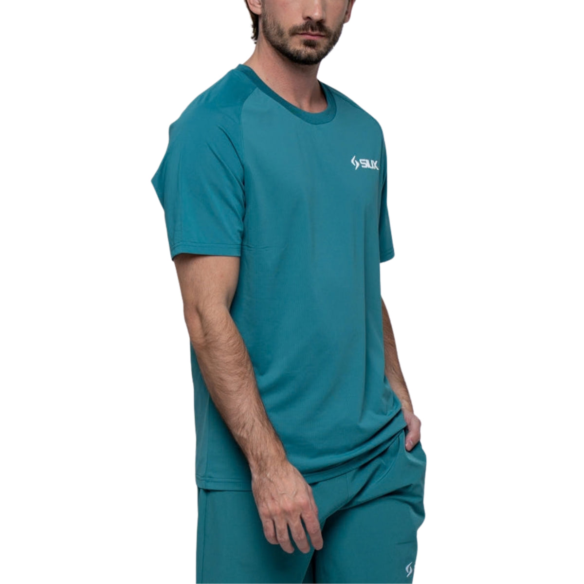 Siux Match 26 Padel T-Shirt, green right three-quarter view on model
