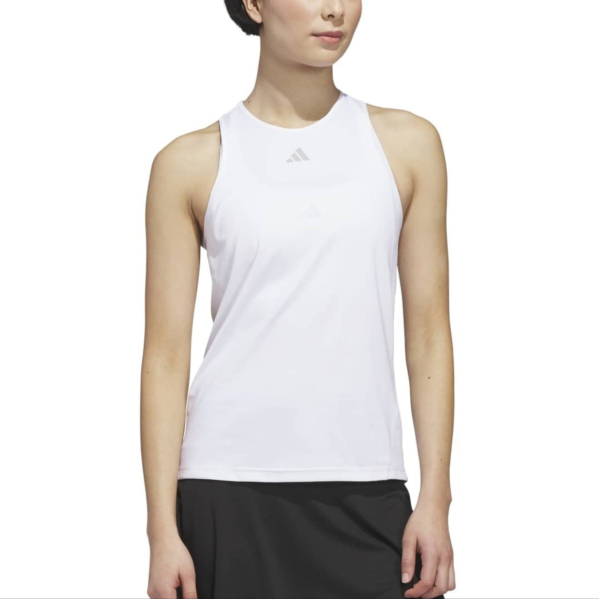 Adidas Club Tennis Climacool white tank top worn, full-length front view