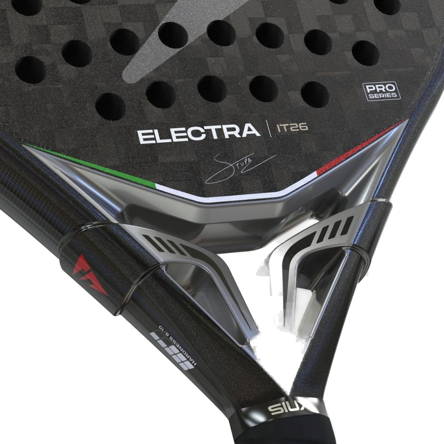 Siux Electra Pro IT26 2026 Padel Racket, heart and bridge detail with Stupaczuk signature