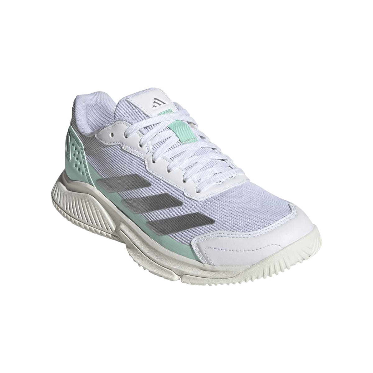 Adidas CourtQuick Padel Shoes Women - White/Silver/Clear Mint - Front three-quarter