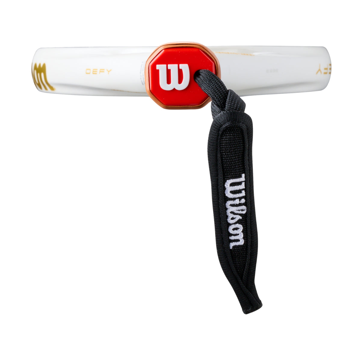 Wilson Defy V1 SE Padel racket, butt cap and wrist strap detail