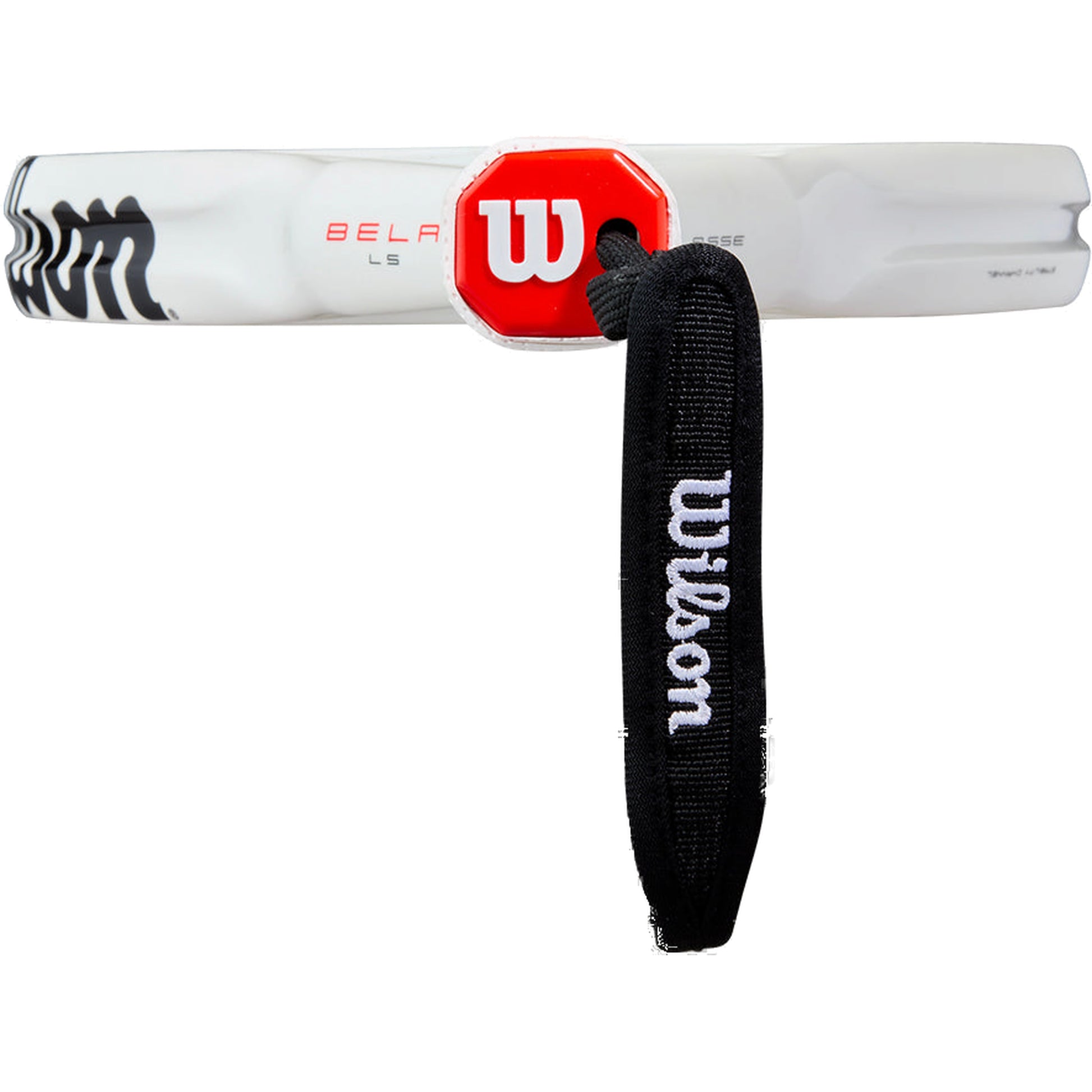 Wilson Bela LS V3 2025 Padel Racket, handle butt cap and black wrist strap detail