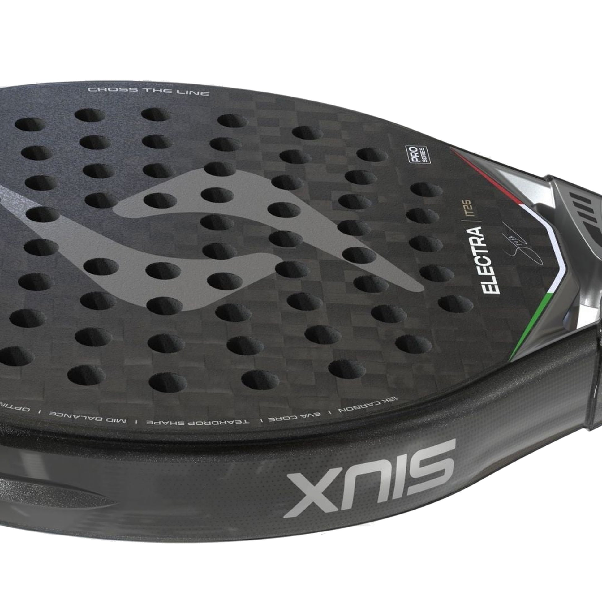 Siux Electra Pro IT26 2026 Padel Racket, face and lower frame edge with Siux branding
