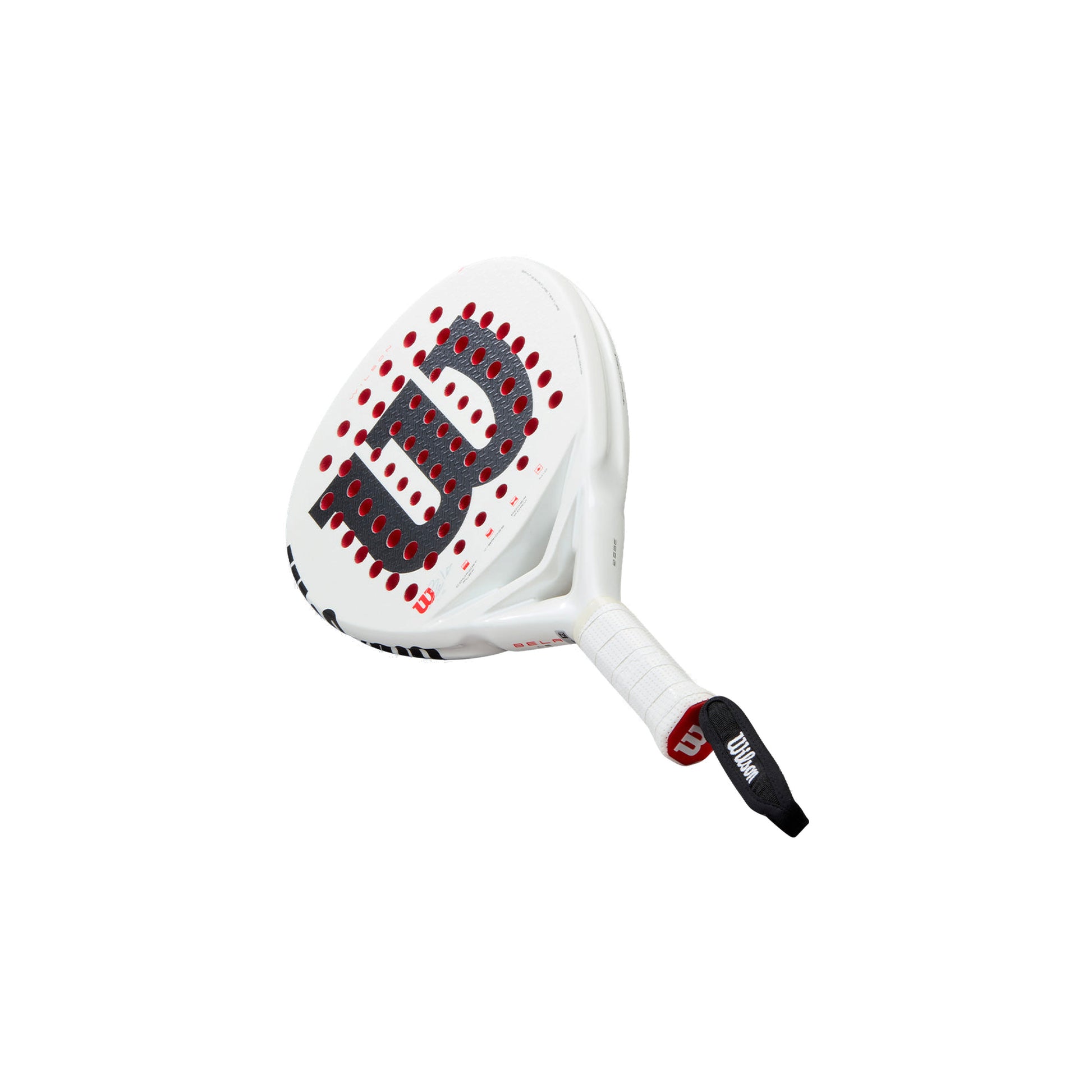 Wilson Bela LS V3 2025 Padel Racket, angled full view with the detachable wrist strap