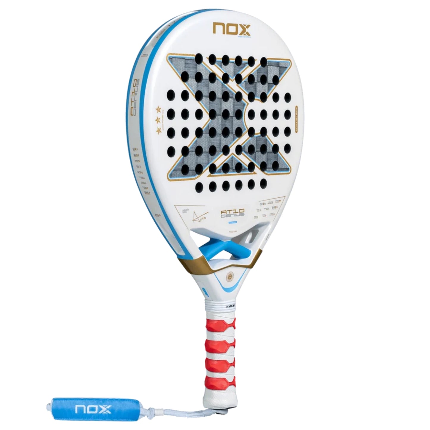 NOX AT10 Genius 18K Alum Buenos Aires Exclusive Edition 2026 angled padel racket view with red grip bands