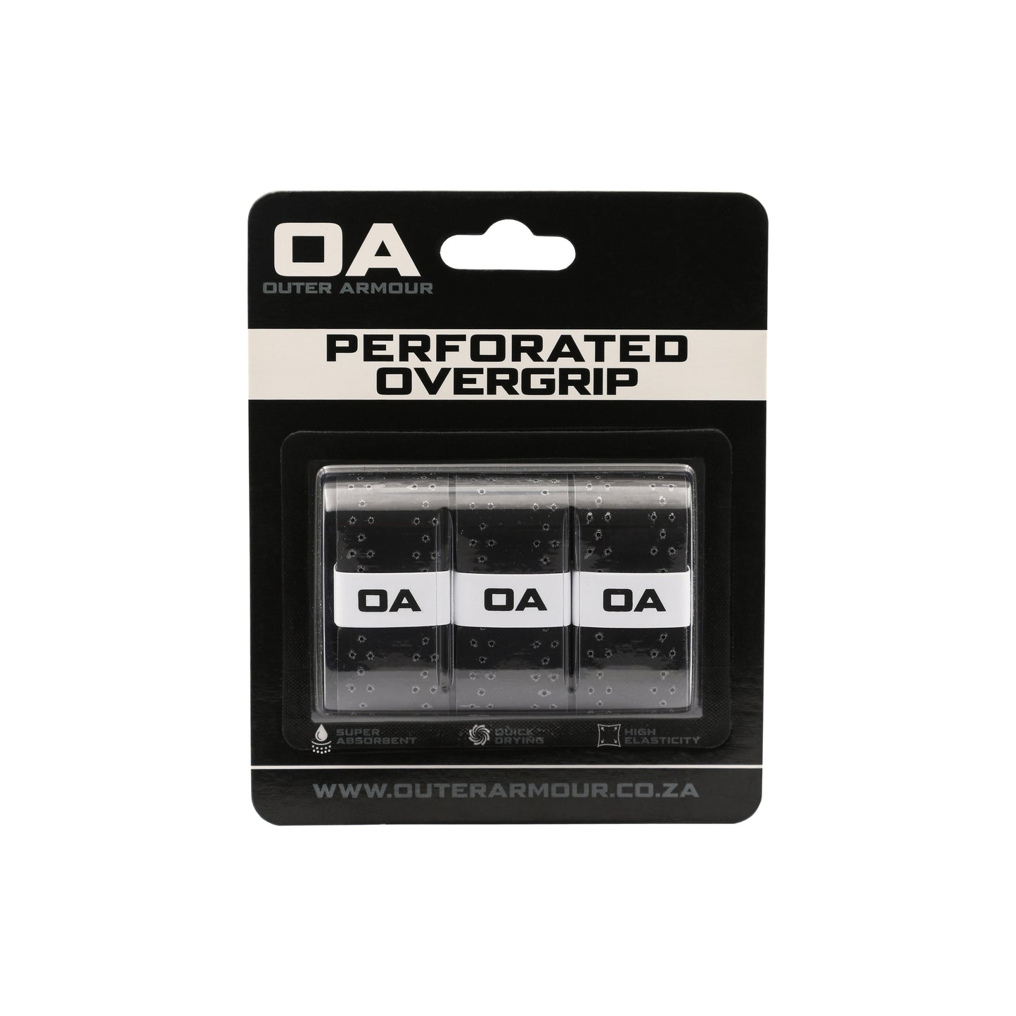 Outer Armour Overgrip 3 Pack - Black Perforated - Front packaging matched to active White Perforated sizing
