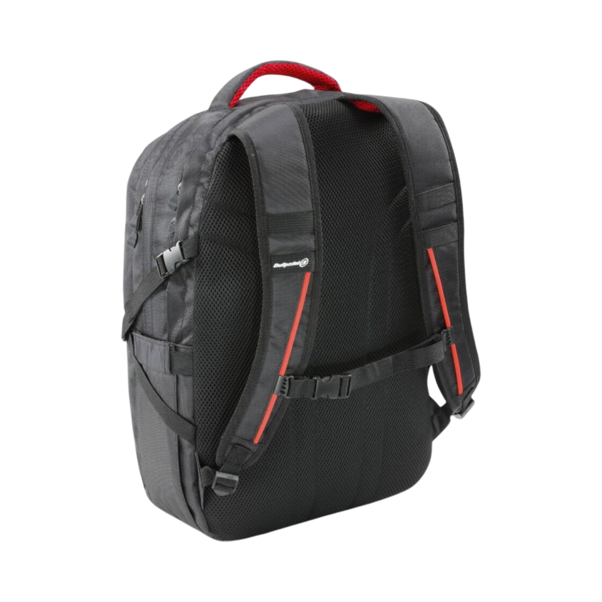Black backpack with red accents on a white background