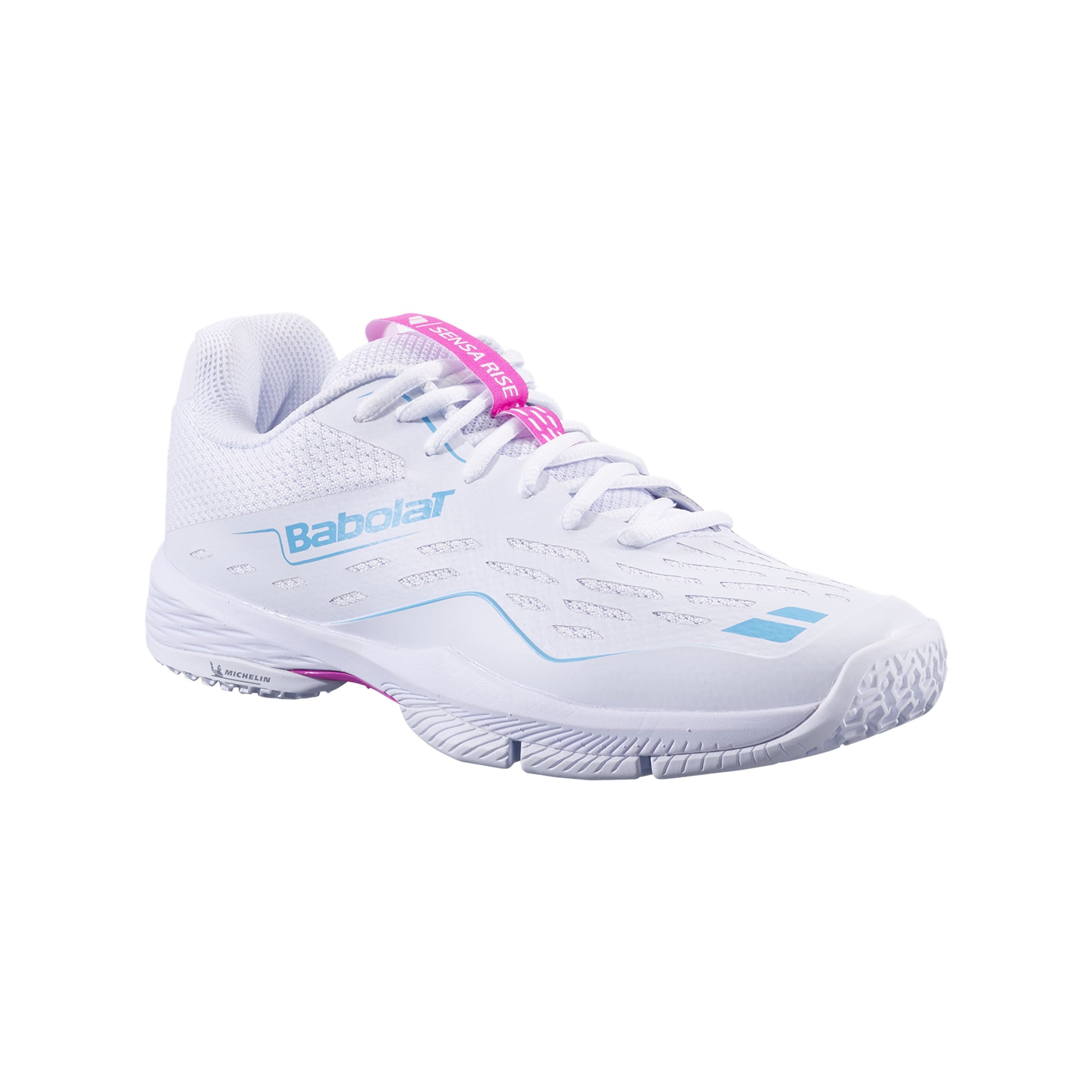 Babolat Sensa Rise Padel Shoes Women - White/Rhodamine Red - Three Quarter