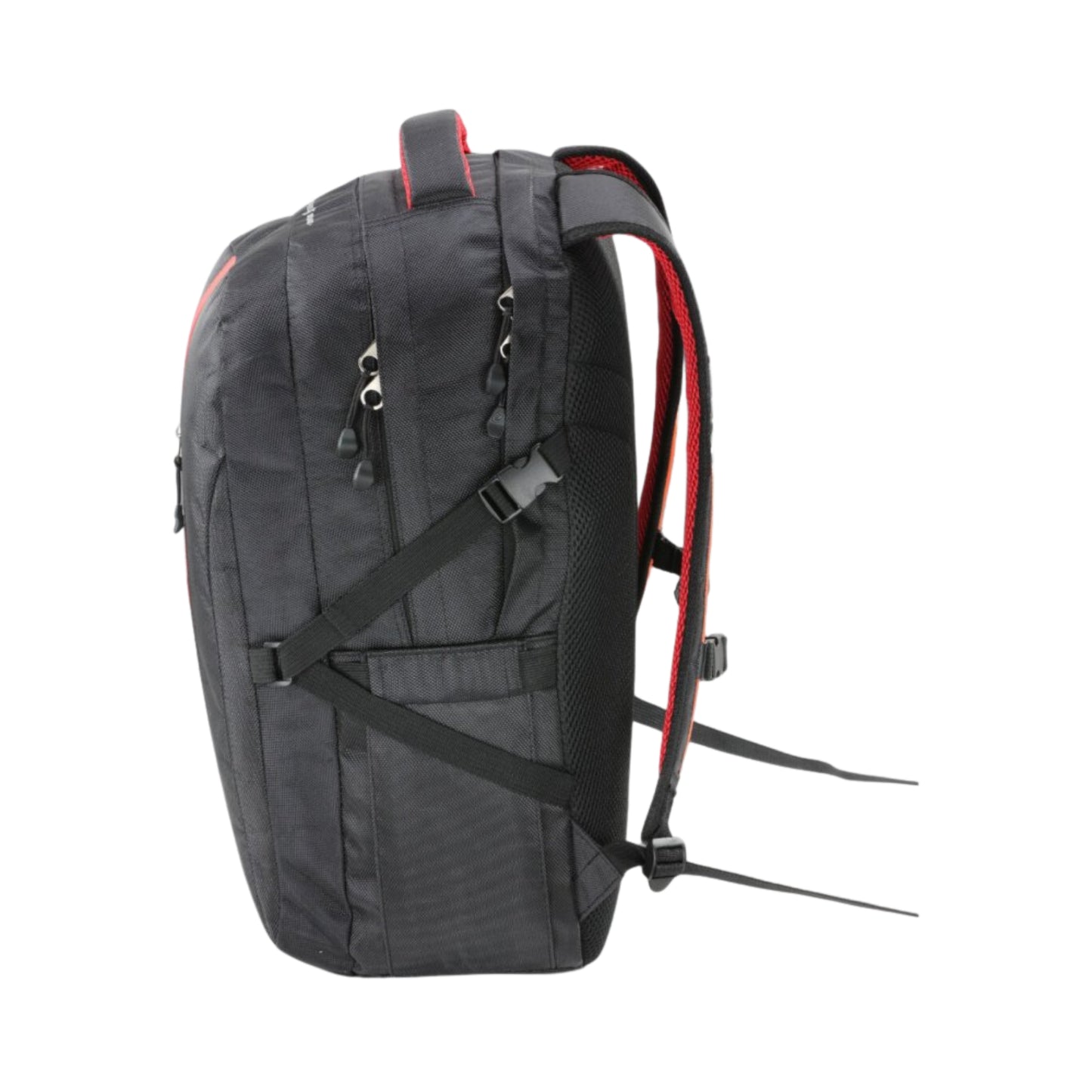 Black backpack with red accents on a white background - side