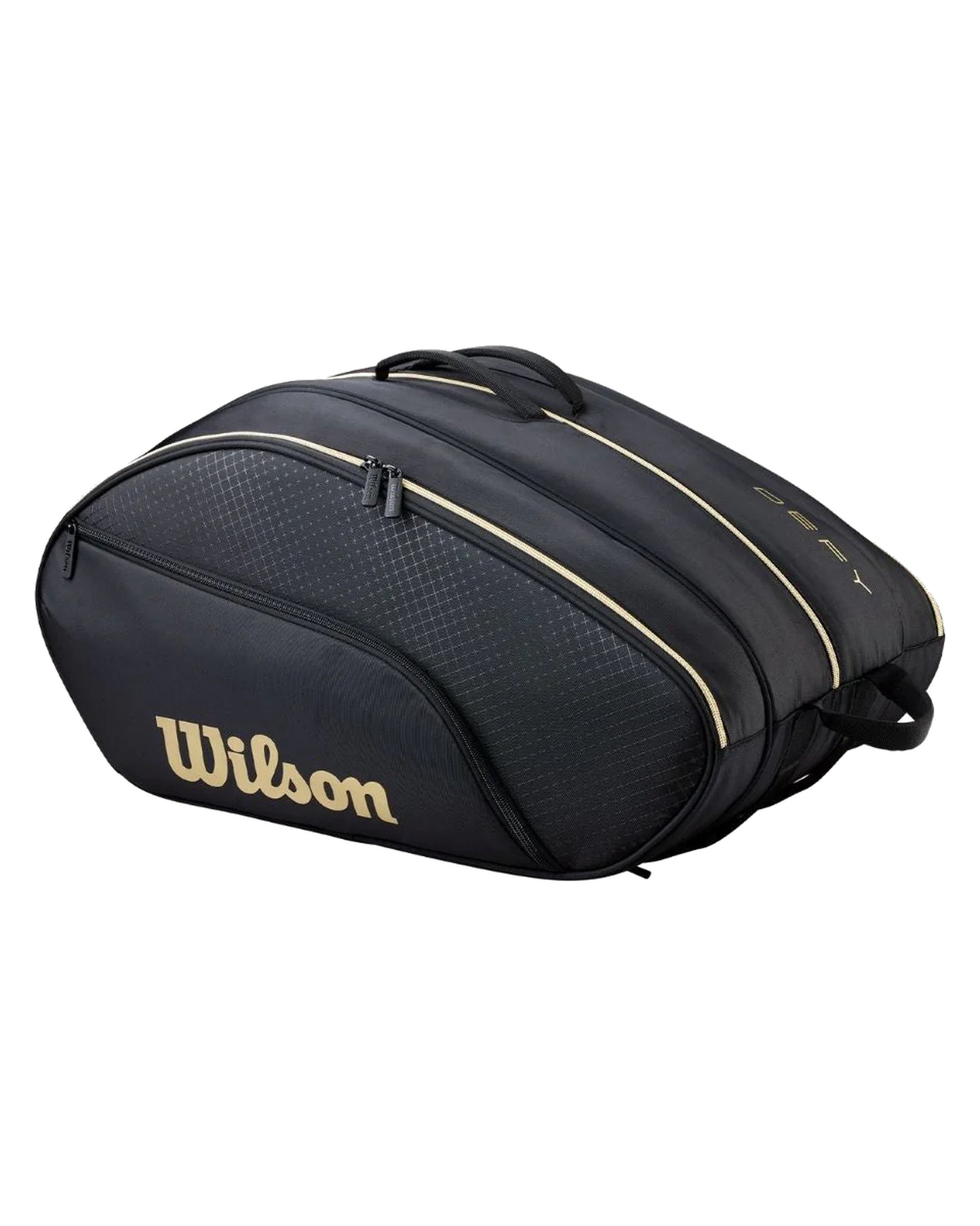 Wilson Defy V1 padel bag, front view, black and gold