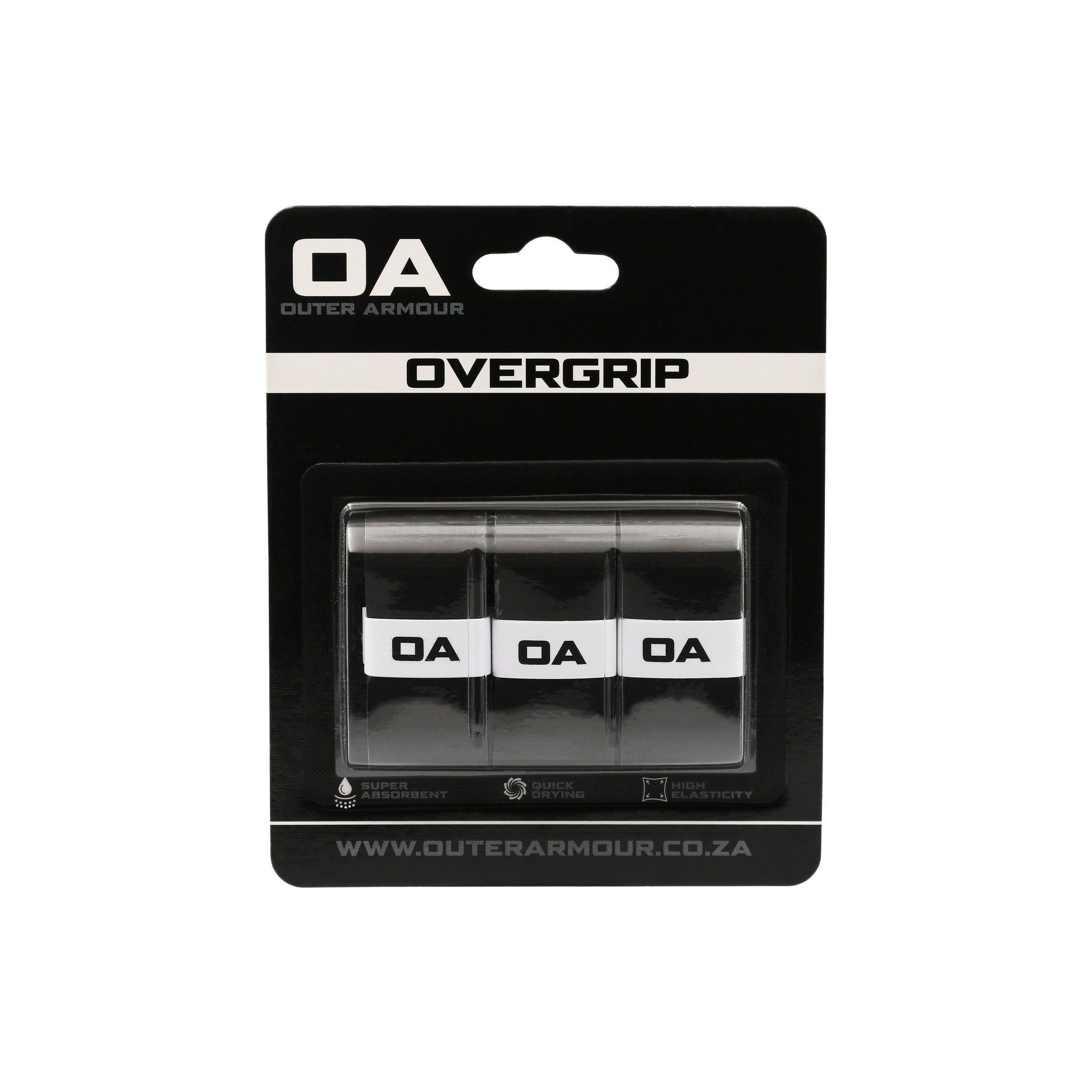 Outer Armour Overgrip 3 Pack - Black Smooth - Front packaging matched to active White Perforated sizing