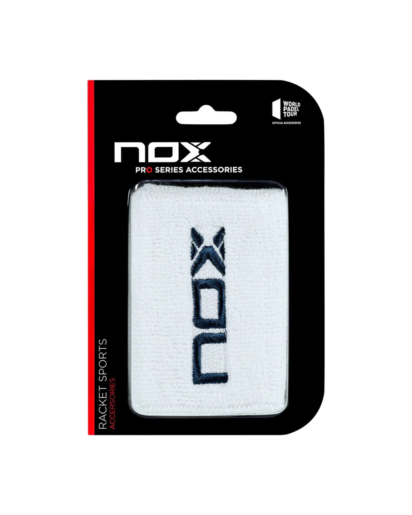 Nox wristband, front view, white towelling with blue logo