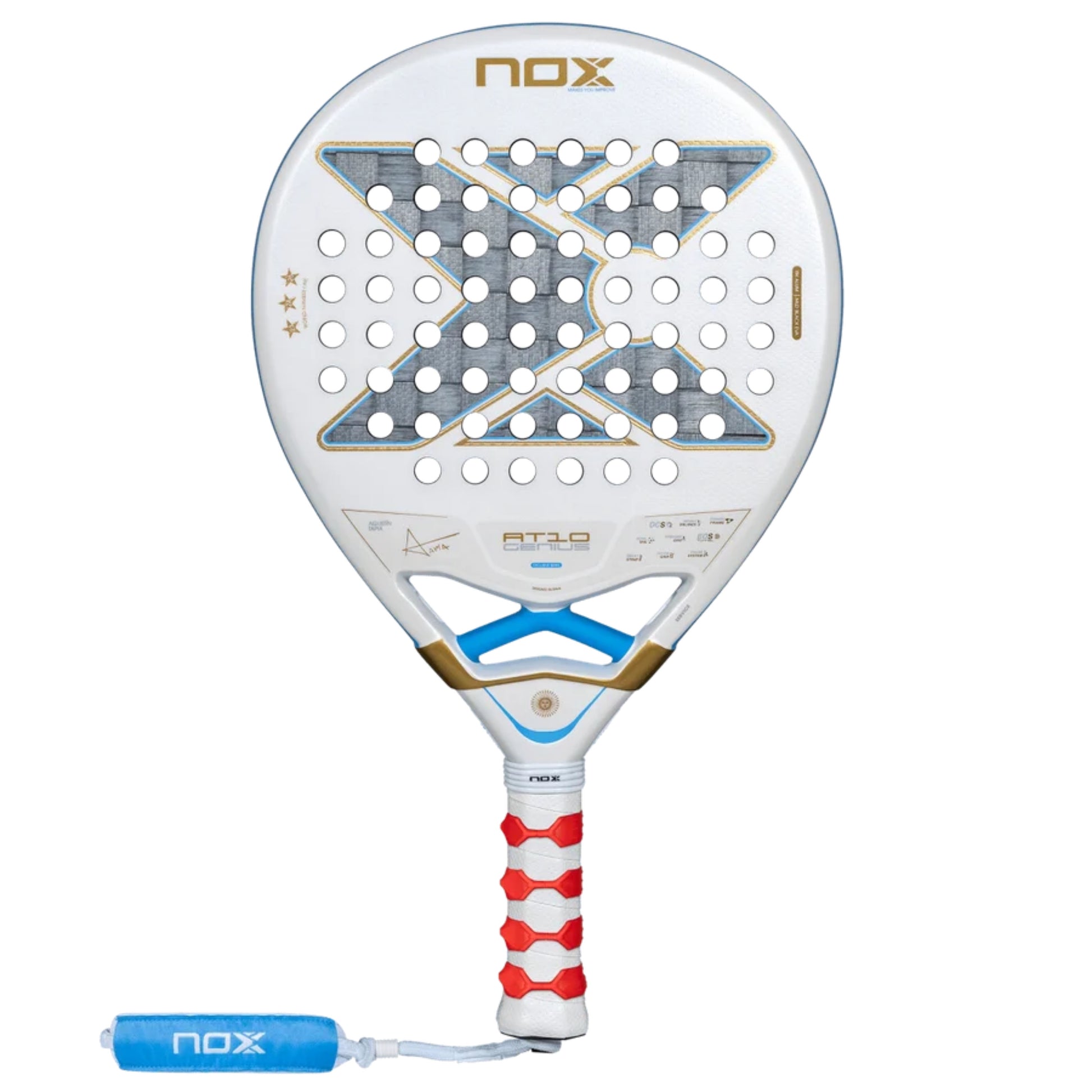 NOX AT10 Genius 18K Alum Buenos Aires Exclusive Edition 2026 padel racket front view with red grip bands