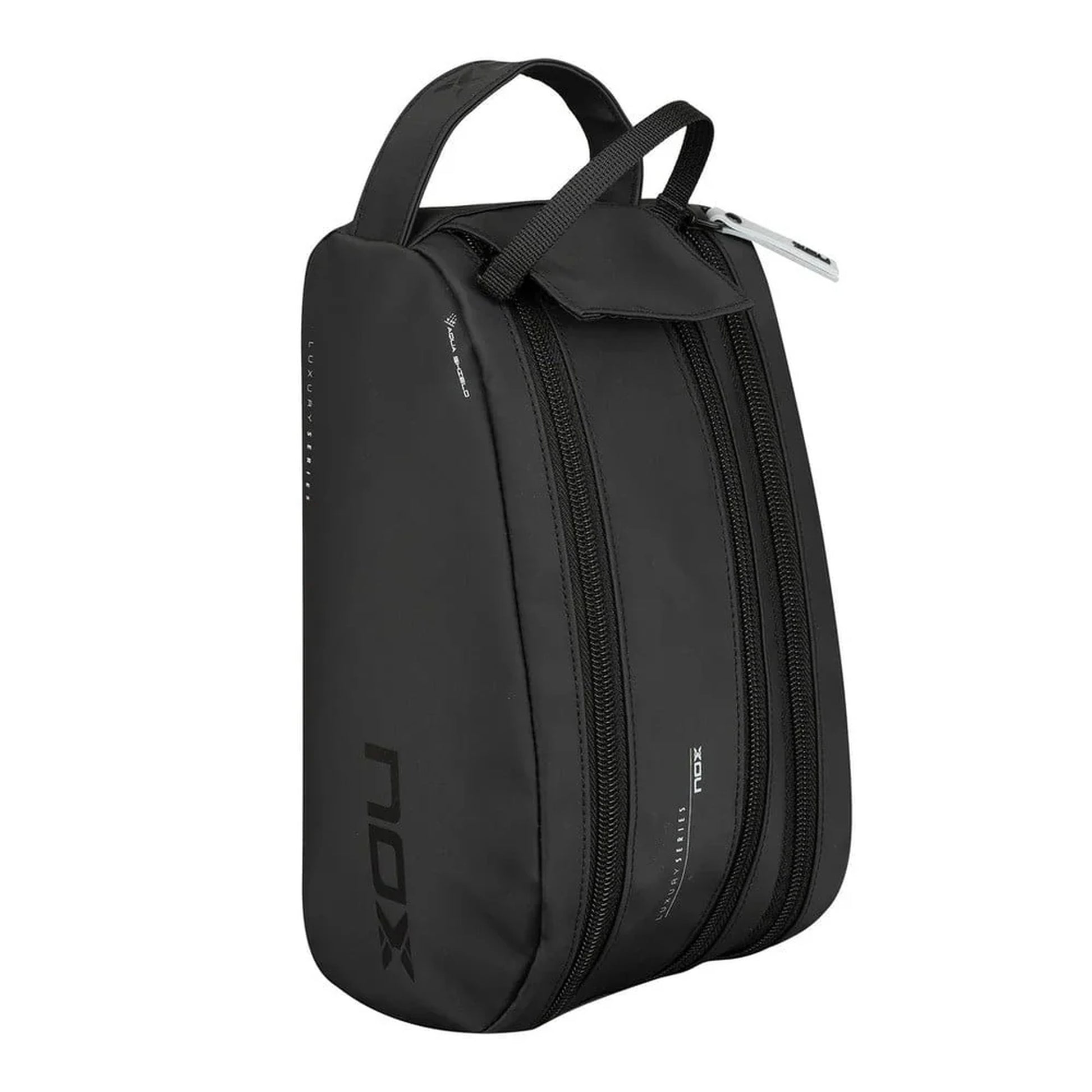 Nox Luxury Series toiletry bag, back view, grey and black
