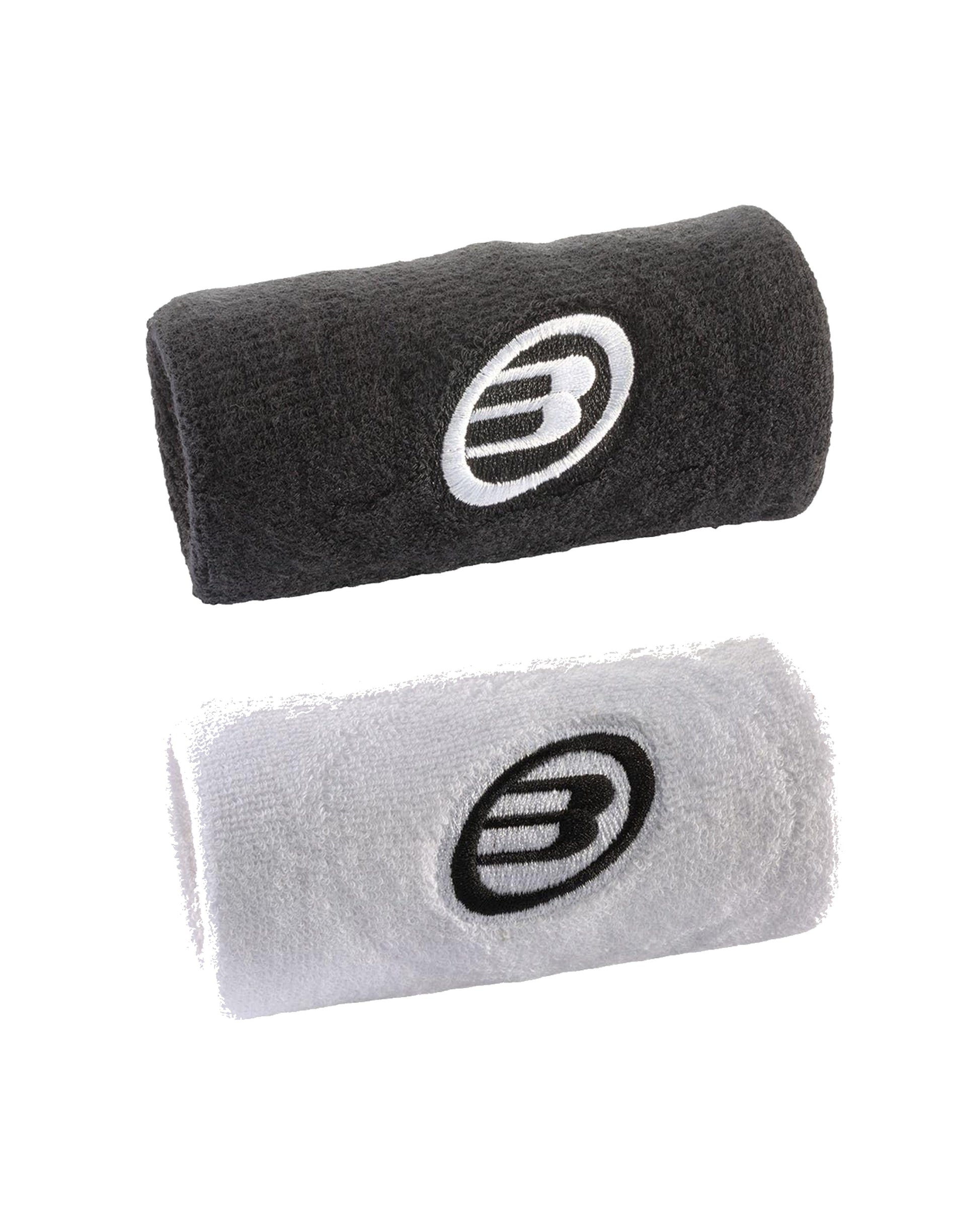 Bullpadel BPMU262 padel wristband, front view, black and white