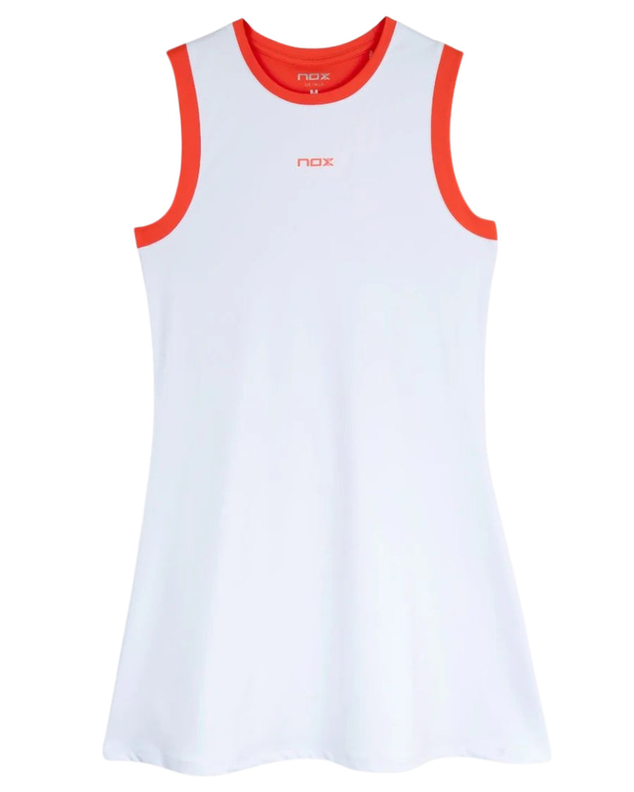 Full front view of the NOX Team women's white dress with orange trim