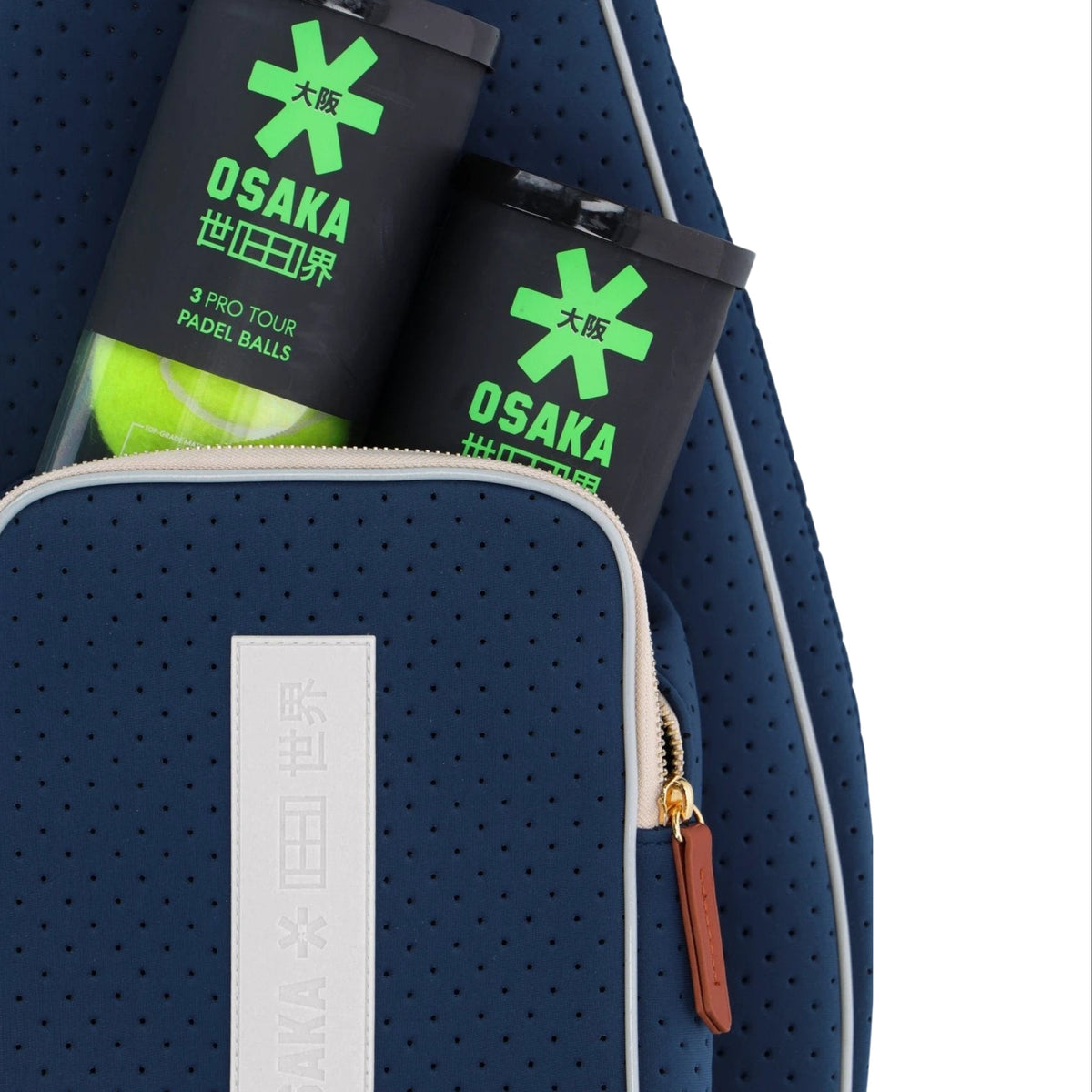 Osaka Neoprene Padel Sleeve - Navy - front pocket demonstration