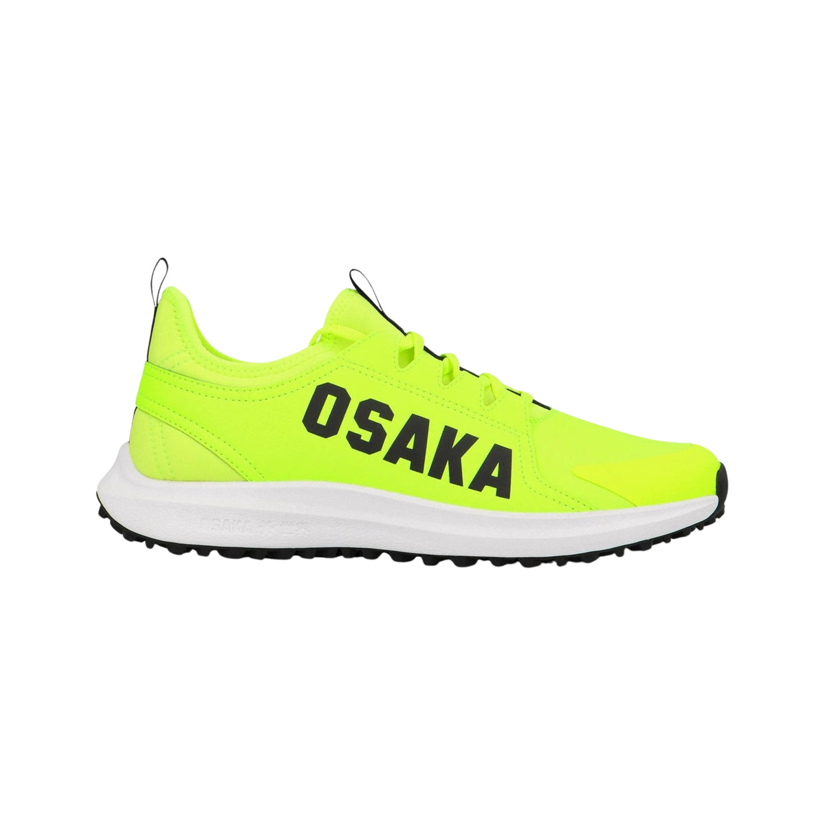 Osaka Furo Padel shoes, fluorescent lime lateral profile with black OSAKA wordmark