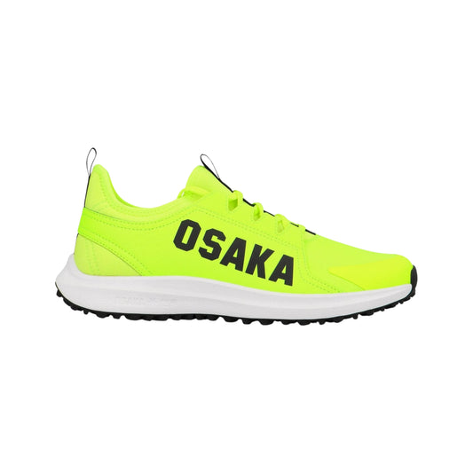 Osaka Furo Padel shoes, fluorescent lime lateral profile with black OSAKA wordmark