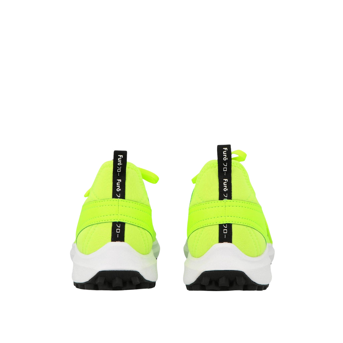 Osaka Furo Padel shoes, rear view of fluorescent lime pair with heel pull tabs