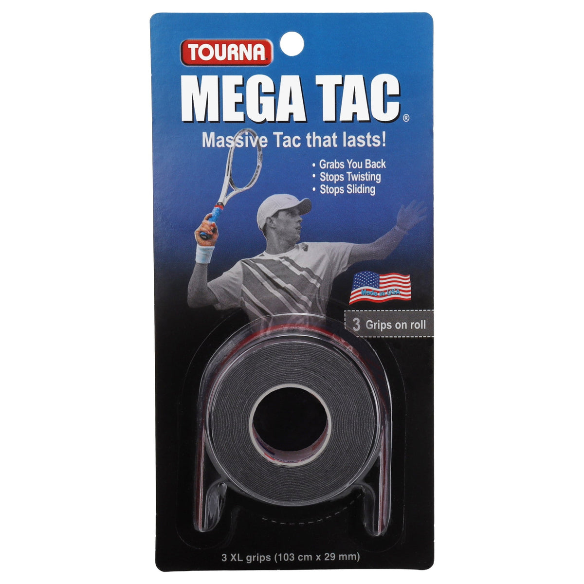 Tourna Mega Tac Overgrip - Black - complete black XL 3-grip roll retail pack front current 2026 packaging