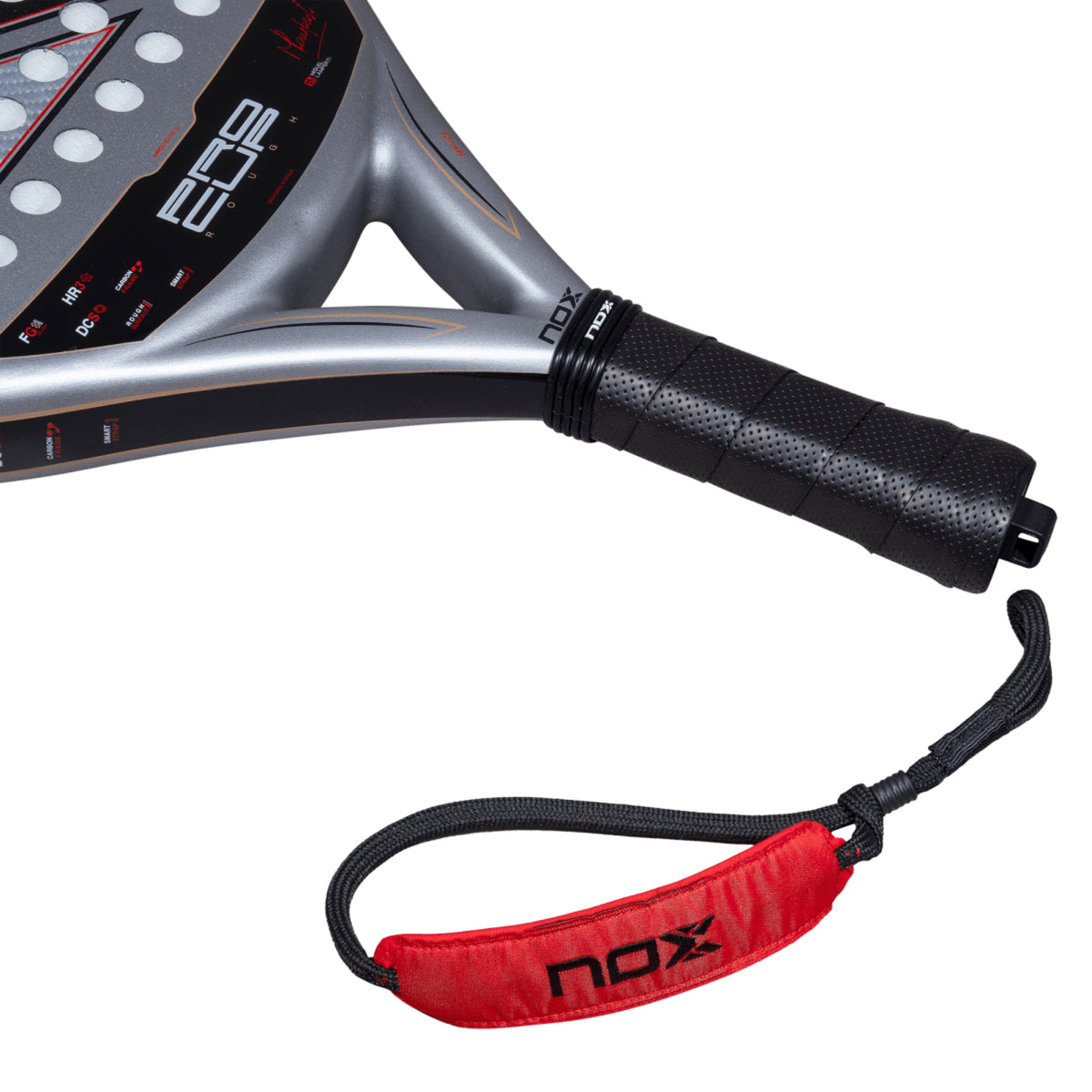 NOX ML10 Pro Cup Rough 2027 Padel racket, handle and safety strap detail
