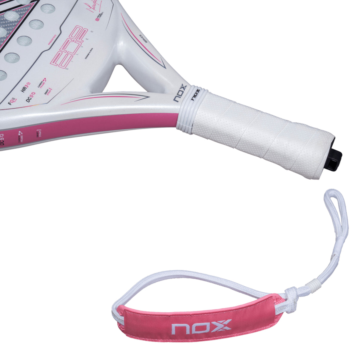 NOX ML10 Pro Cup Silver 2027 Padel racket, handle and Smartstrap cord detail