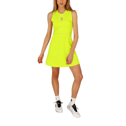 Osaka Floucy Dress, Acid Lime, model front view