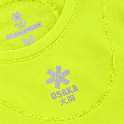 Osaka Floucy Dress, Acid Lime, neckline, inner label and chest logo detail