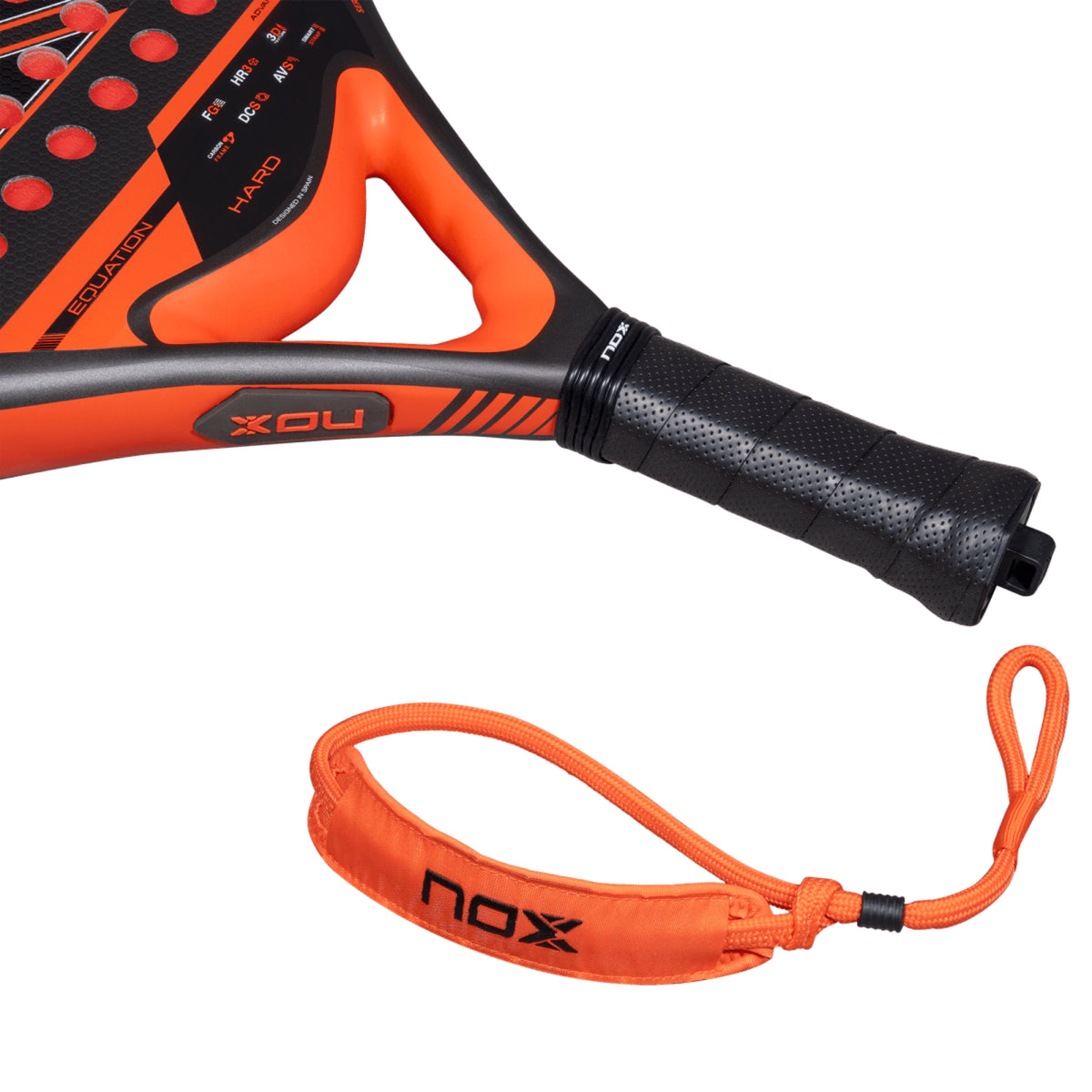 NOX Equation HARD Advanced 2027 Padel racket, handle and Smartstrap safety cord detail