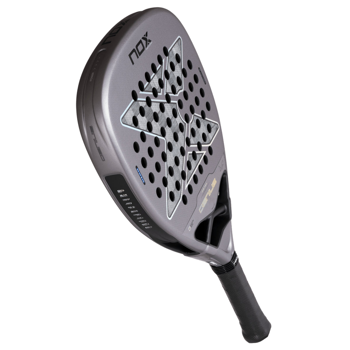 NOX Genius Attack 18K Alum 2027 Padel racket, three-quarter full view