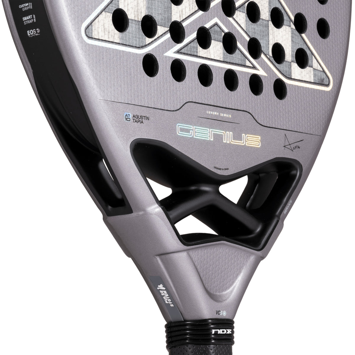 NOX Genius Attack 18K Alum 2027 Padel racket, heart bridge detail
