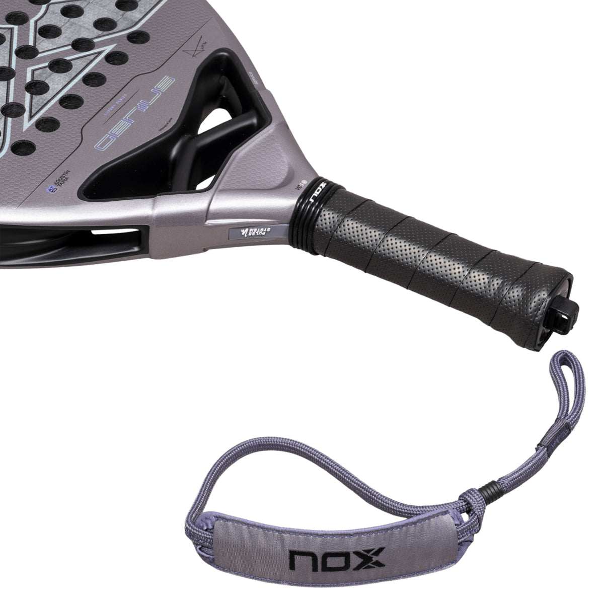 NOX Genius Attack 18K Alum 2027 Padel racket, handle and strap detail